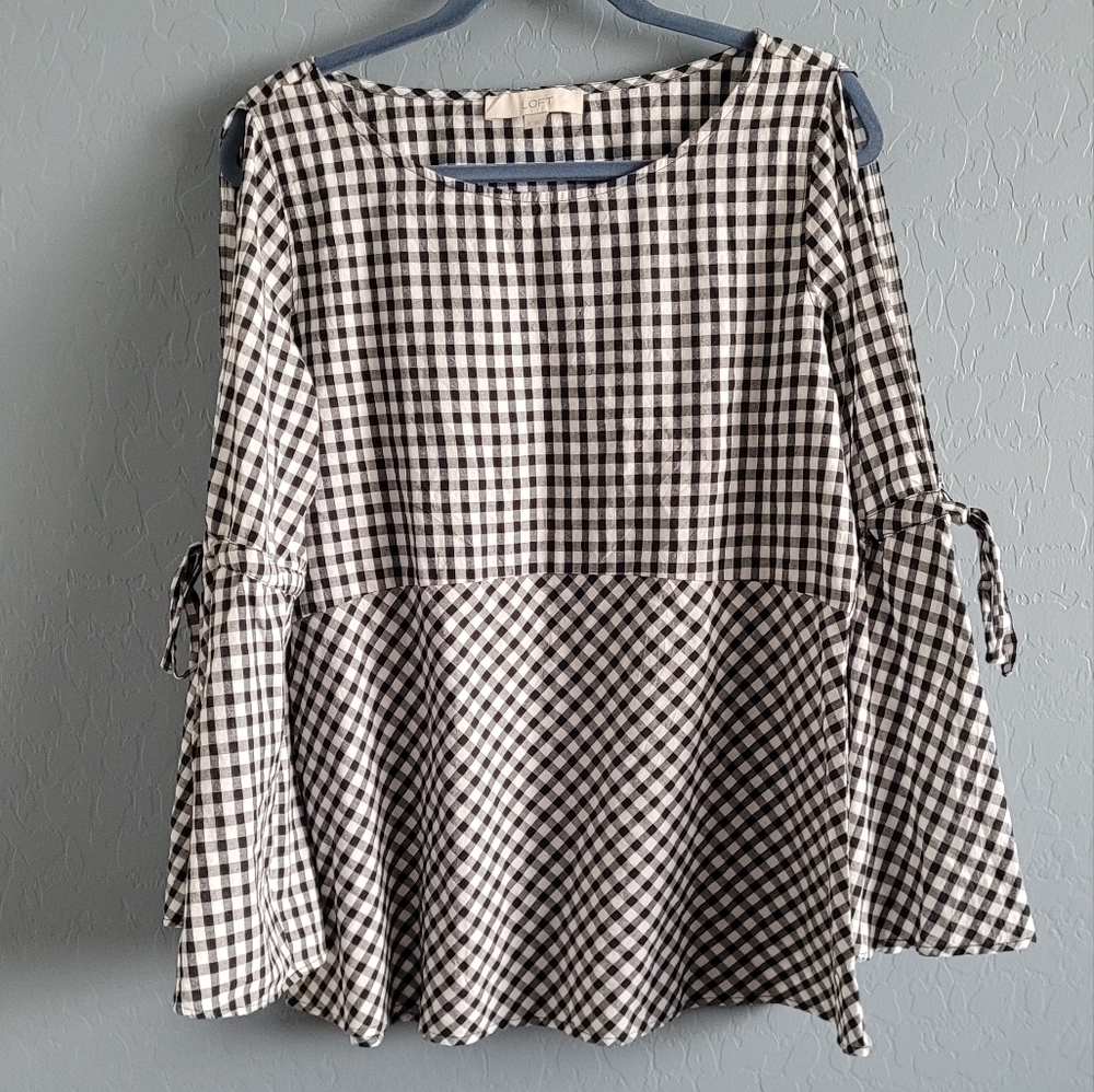 Loft Black White Gingham Cold Shoulder Long Sleeve Blouse Sz Small